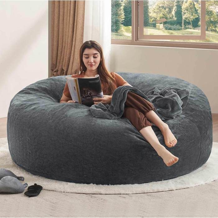 ELVORIN Pouf poire géant 6FT pour adulte 150 x 150 x 60 cm gris foncé housse lavable pliable pour chambre et salon