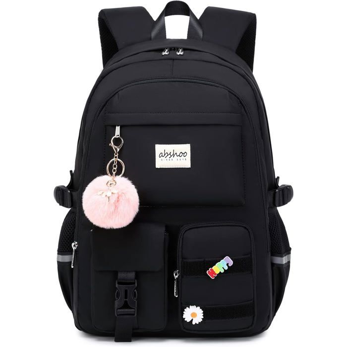 Cartable Fille Primaire Sac à Dos Scolaire Cartable Adolescent Grande Capacité Étanche Multi‑poches pour Collège Lycée - Noir