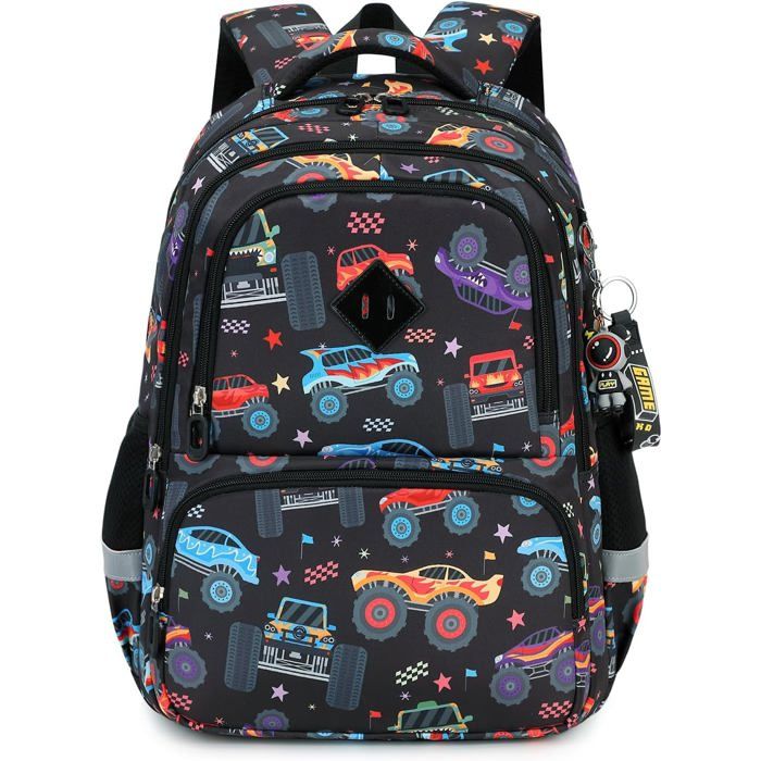 XJYDNCG Sac a Dos Garcon PrimaireSac a Dos EnfantSac Scolaire Multi‑compartiments Motif Voitures - Noir