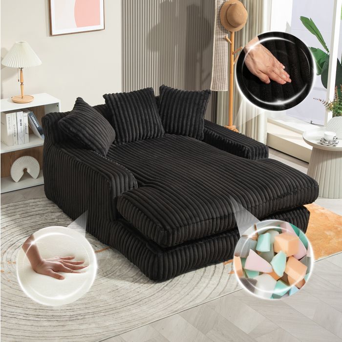 MEULVA Canapé lounge compressé en corduroy noir 3 coussins sans montage 150 kg 125 x 155 x 63 cm