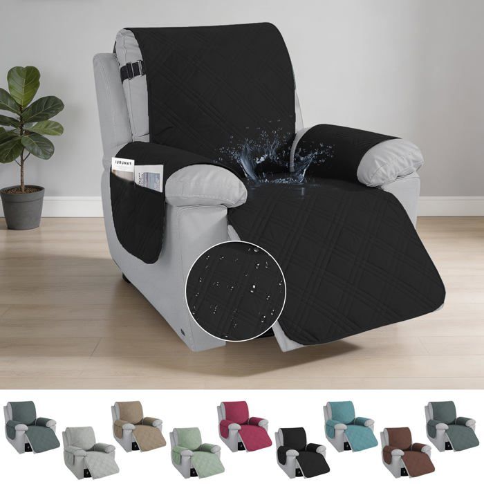 Housse fauteuil relax 100% imperméable avec accoudoirs poches anti-griffes et saletés animaux noir Corvina Housse fauteuil relax 100% imperméable avec accoudoirs poches anti-griffes et saletés animaux noir Corvina