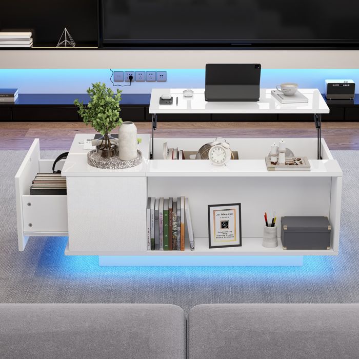 Table basse relevable - ZEVKOR - 100 x 50 x 40 cm - 1 tiroir - Rangement caché - Plateau brillant