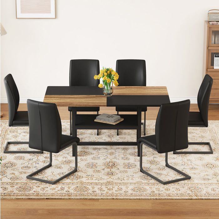 Maisentiel Set table à manger rectangulaire 160 x 90 x 76 cm avec étagère et 6 chaises noires en PU