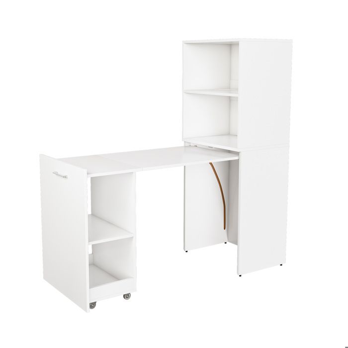 Bureau extensible secrétaire 55 x 136 cm avec armoire de rangement étagères réglables 5 niveaux MDF blanc TYNQER