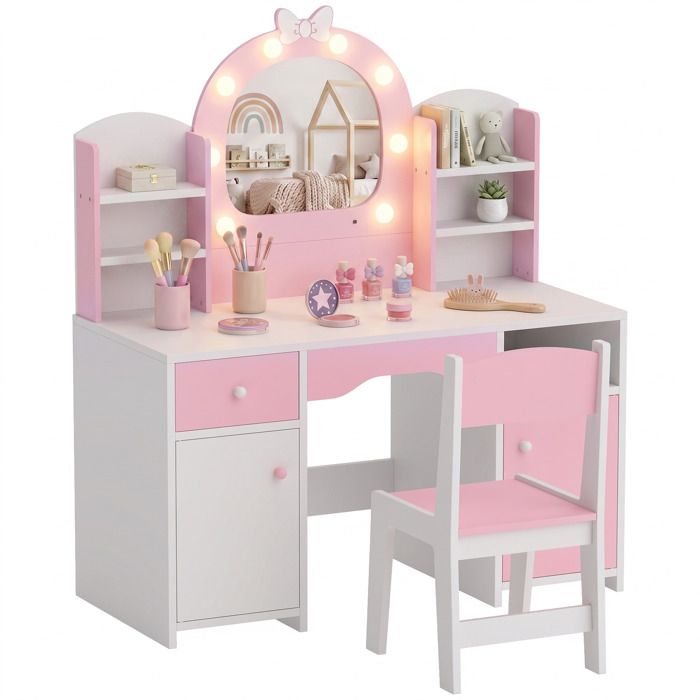 Coiffeuse pour enfants - AIYAPLAY - tabouret et miroir lumineux à 2 couleurs en acrylique - 3-8 ans - bois - 90x41x104cm - rose Coiffeuse pour enfants - AIYAPLAY - tabouret et miroir lumineux à 2 couleurs en acrylique - 3-8 ans - bois - 90x41x104cm - rose