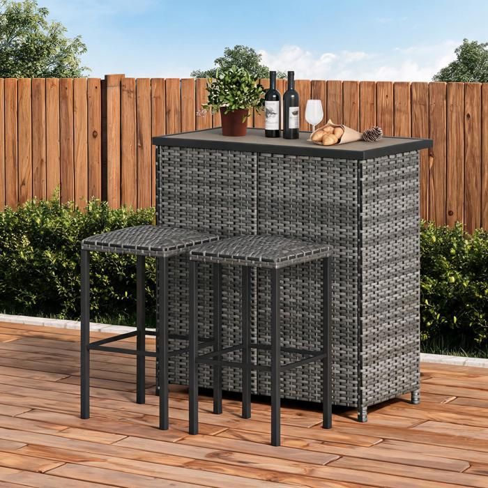 Ensemble bar de jardin 3 pièces en rotin PE - JoyGarden - Table haute 105 cm avec 2 tabourets pour terrasse balcon