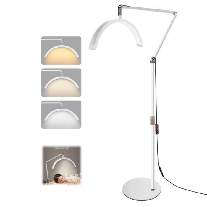 Lampadaire LED - 20W - Lampe de beauté - lampe Demi-Lune Lampe de Beauté - Réglable à 360° - 3 Couleurs - Support Téléphone - Blanc
