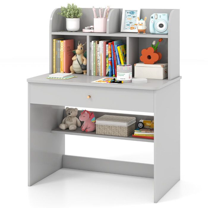 Rangement pratique bureau enfant en bois avec tiroir étagère et 5 niches pour devoirs dessin et repas