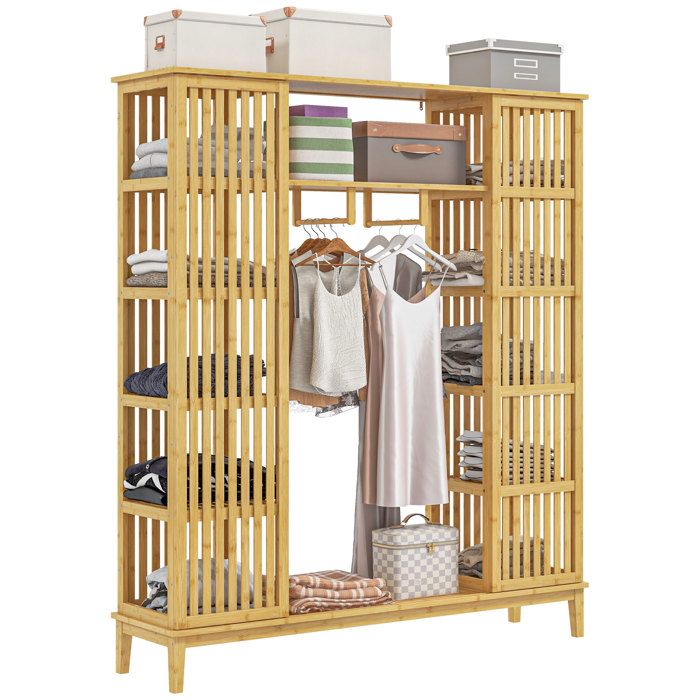 2 portes coulissantes armoire ouverte en bambou avec penderie et 11 compartiments pour ranger vêtements et accessoires