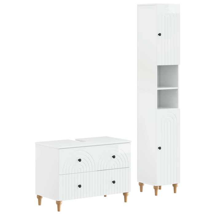 Elégance - Chic Armoire Haute et Cabinet sous lavabo - Ensemble de 2 meubles de salle de bain - ALKMAAR - Blanc brillant_0346403