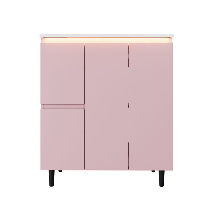 Meuble vasque salle de bain sur pied 76x47x89 cm rose laqué lavabo intégré LED à capteur radar charnières soft-close