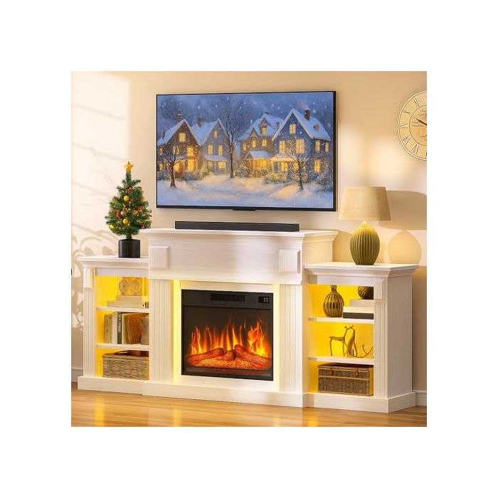 Meuble TV Cheminée Électrique 72 Effet Flamme 3D Blanc - Traditionnel - Front-facing - Revêtement en poudre - AEYIHaWEPf