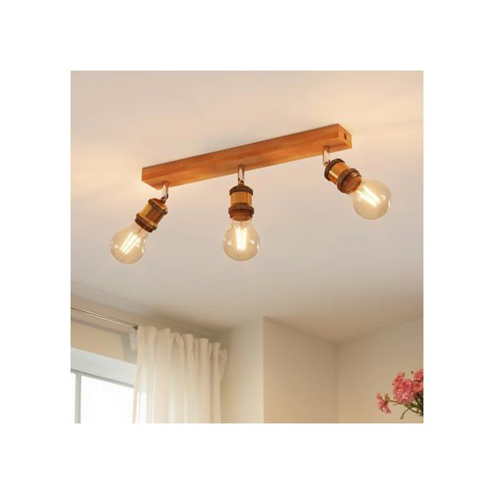 Plafonnier 3 Spots LED E27 Luminaires Intérieur Vintage Plafonnier Bois avec Base Rectangulaire Applique Murale Chambre Lustre