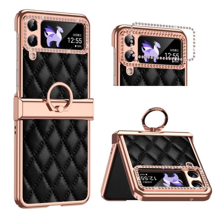 Tissu Coton Noir-Juste de protection en placage de diamant pour Samsung Galaxy Z Flip 4, anneau en cuir, char