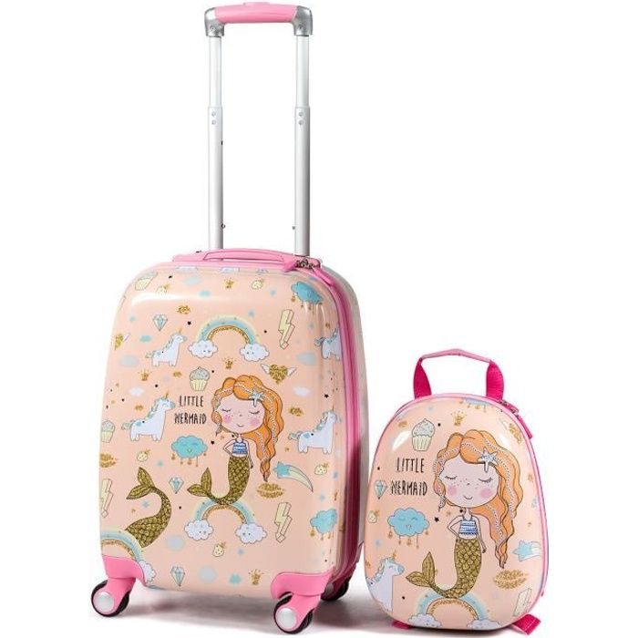 COSTWAY Valise Enfant a Roulettes 16 Sac a dos 12 Ensemble de Bagage pour Enfant s avec Motif Sirene pour Filles Rose