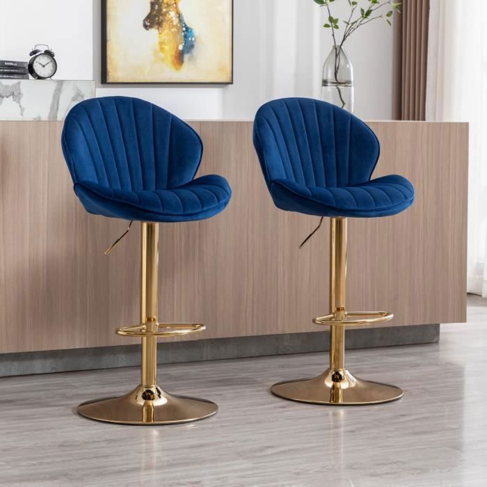 Wahson Tabouret Bar Lot de 2 Tabouret Bar Réglable Chaise Bar Haute avec Pieds en Métal pour Cuisine et Comptoir Velours Bleu
