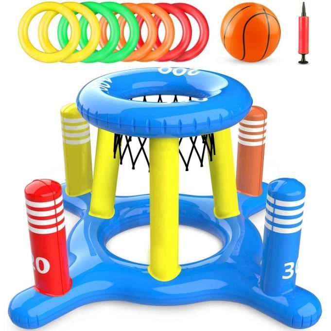 Joellfuner - Ensemble 2 En 1 Piscine Gonflable : Basket-ball + Lancer D'anneaux Et Bowling, Avec Ballon, Pompe Et 7 Anneaux – Jeu D'eau été