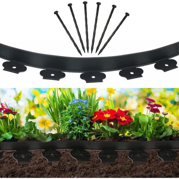 Bordure De Pelouse Flexible 20m Avec 60 Clous - Barrière Racinaire Jardin, Hauteur 5cm Noire