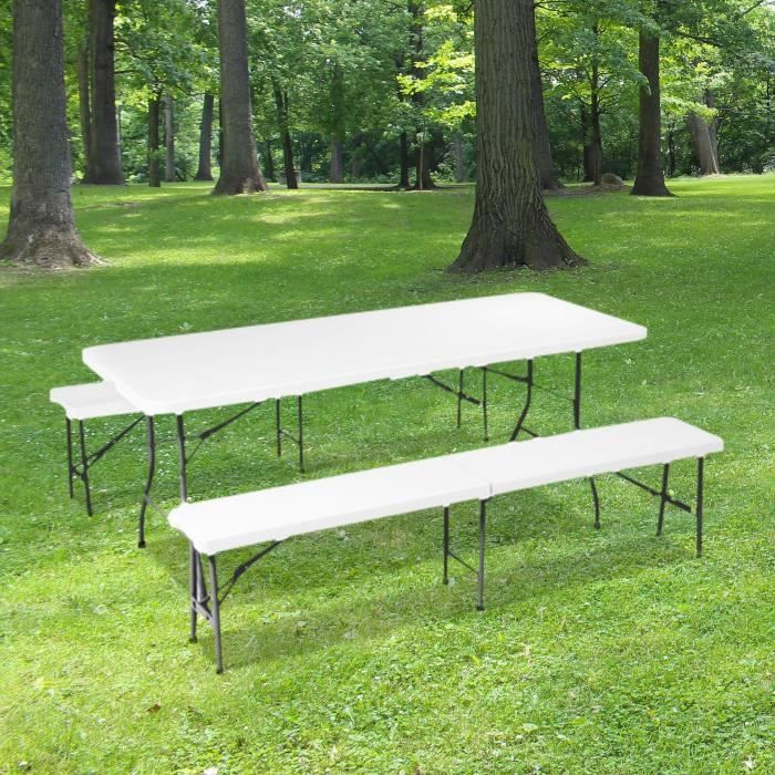 ensemble table et bancs pliables blanc 180cm - lot d'une table et deux bancs pour camping, cérémonie, pique-nique, buffet et