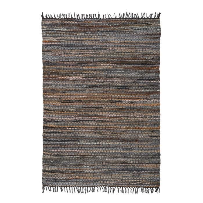 Leder Teppich mit Fransen Modern Streifen Teppiche Braun Grau 