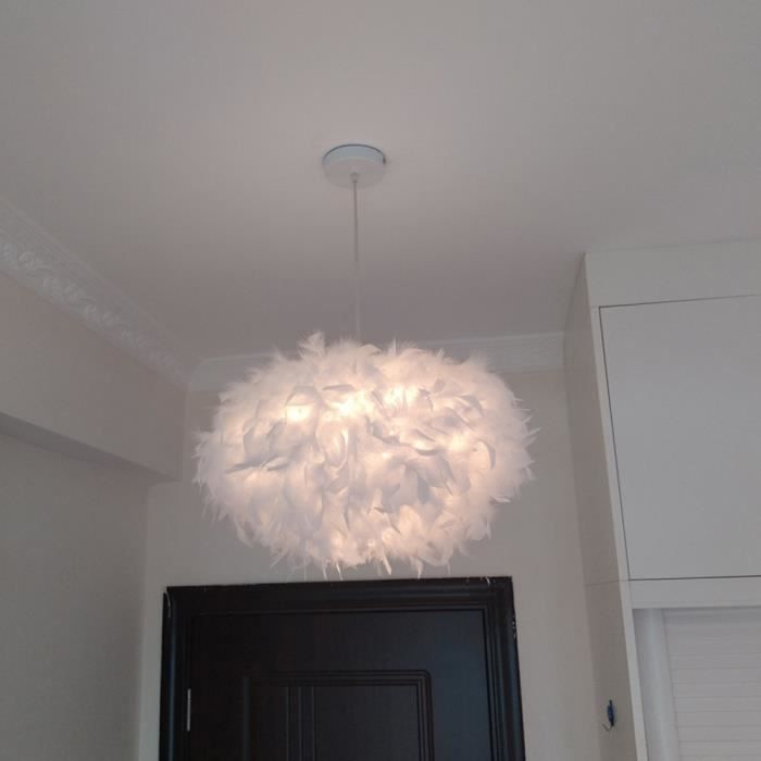 Moderne Lampe Rond 45cm Plafonnier en Plumes Blanche Luminaire Lustre Suspension