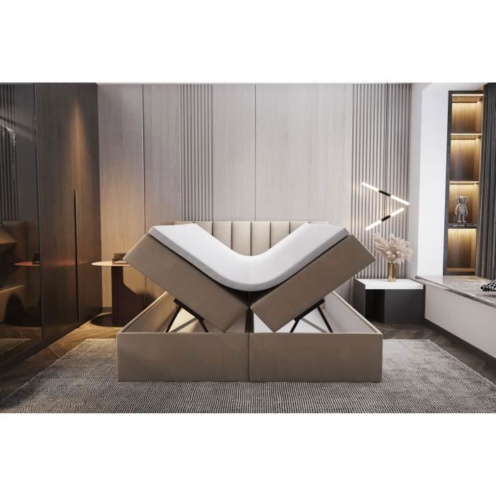 Lit adulte 140x200 cm PALERMO - avec matelas ressorts intégrés rangement et surmatelas - tissu velours – beige Lit adulte 140x200 cm PALERMO - avec matelas ressorts intégrés rangement et surmatelas - tissu velours – beige