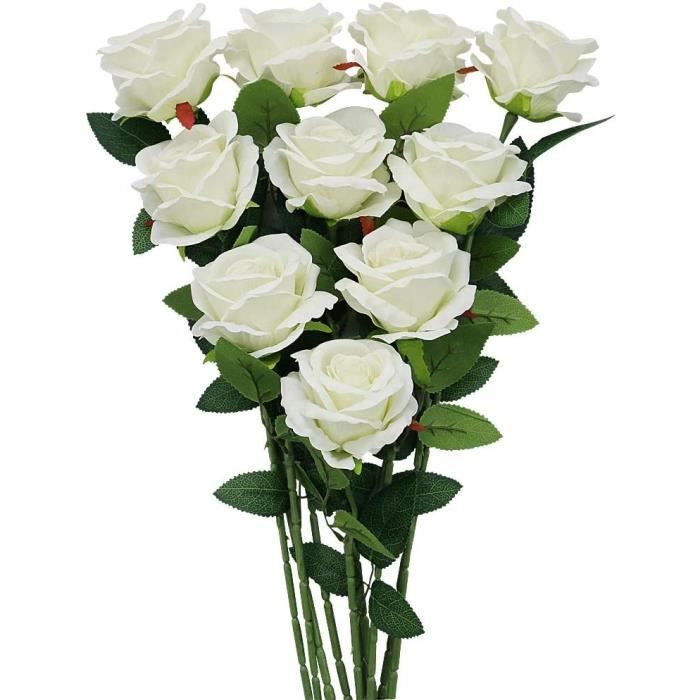 10 pièces fleurs en soie blanche, bouquets de roses artificielles à longue  tige, bouquets de mariée, cadeau de fête des mères, déc - Cdiscount Maison