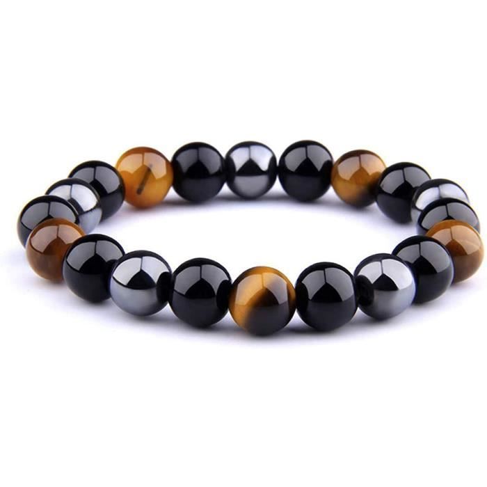 BRACELET GOURMETTE JONC Bracelet UEUC Bracelet Triple Protection Oeil de Tigre, Perles en hé matite et Obsidienne Noire de8