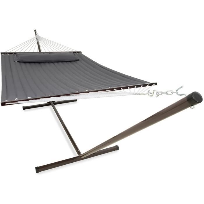 Hamac 2 Personnes Avec Porte-gobelet Et Base Acier - Gris, Coton - Charge Max 175 Kg - Pour Jardin, Intérieur - 10