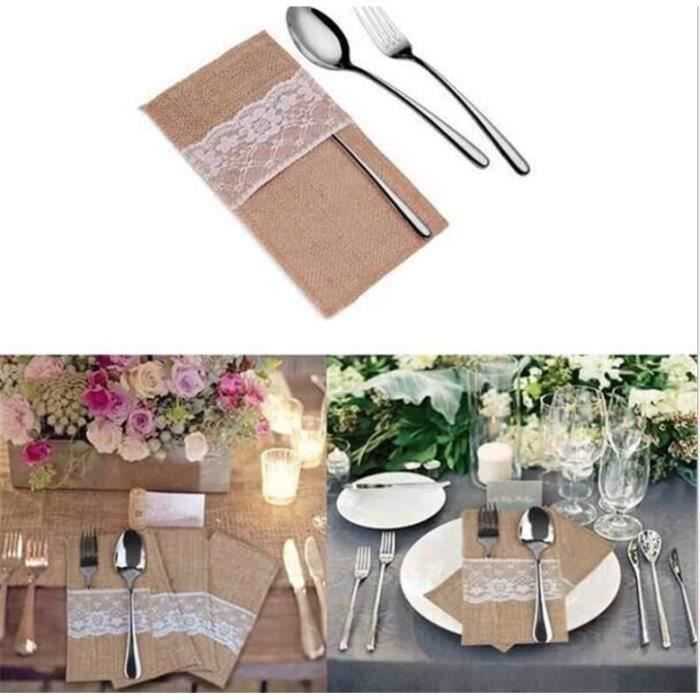 10 Pièces Porte-Couverts Dentelle Jute - Pochette Décorative Pour Mariage Et Événements