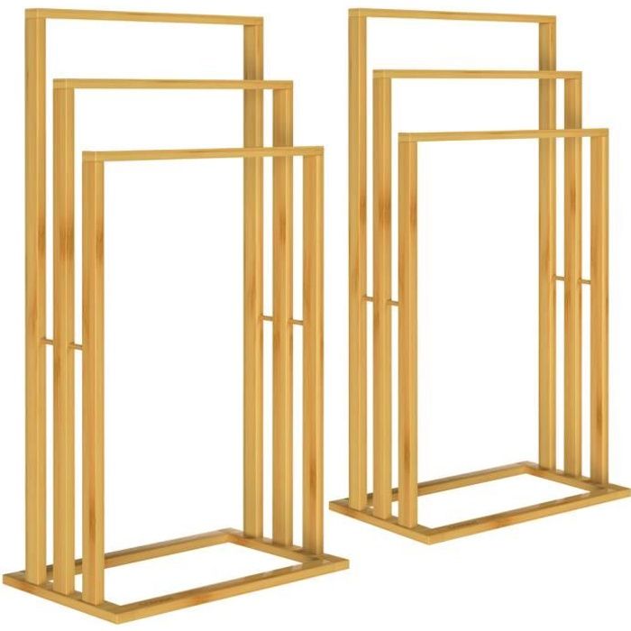 2x Porte-serviettes en bambou sur pied avec 3 barres Étagère de salle de bain Support pour serviettes charge max 15 kg 2x Porte-serviettes en bambou sur pied avec 3 barres Étagère de salle de bain Support pour serviettes charge max 15 kg