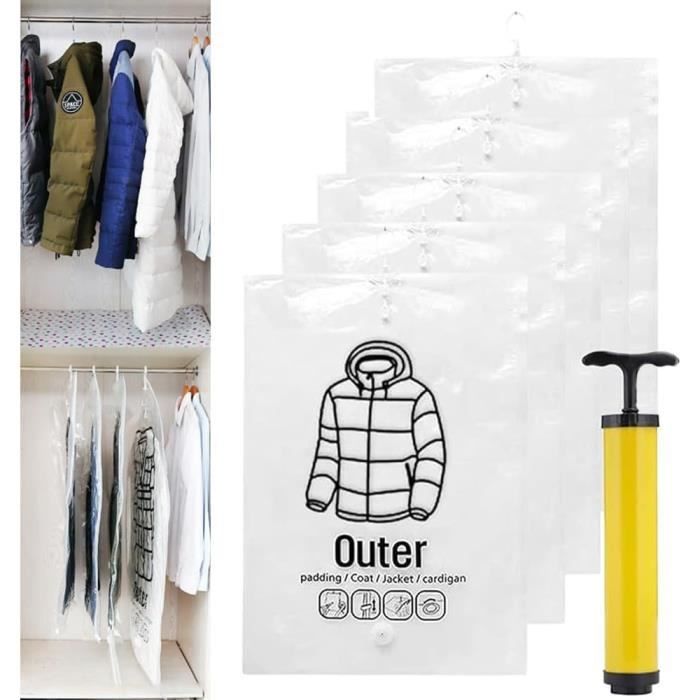 Lot De 5 Sacs Sous Vide Vêtements 100x80 Cm - Avec Valve Et Crochet, Gain De Place Jusqu'à 80%, Transparent, Pour Manteaux, Couettes, Costumes