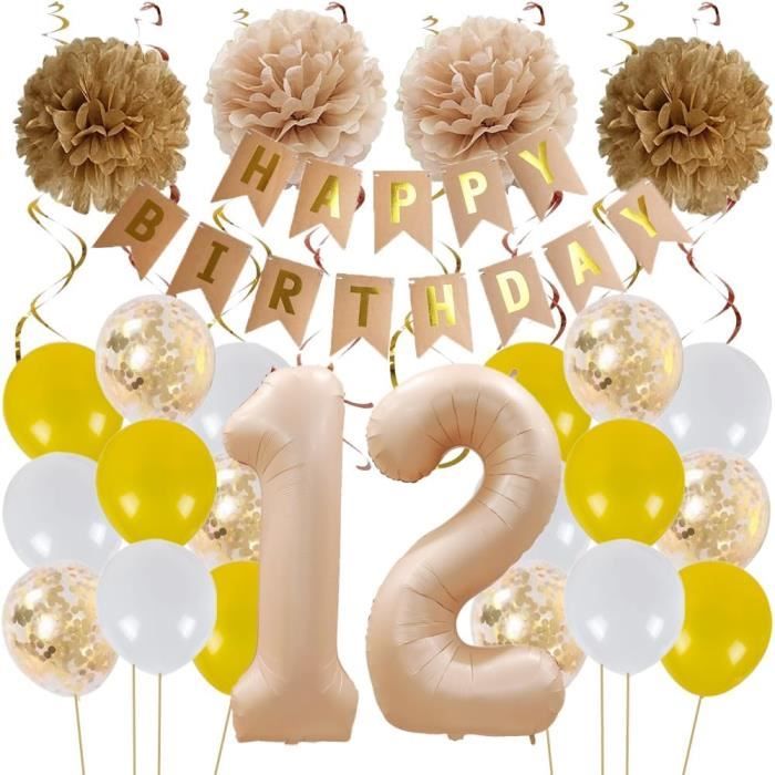 Kit Déco Anniversaire Beige Bohème – Pompons, éventails, Guirlande Happy Birthday Dorée, Idéal Pour Fête De Fille