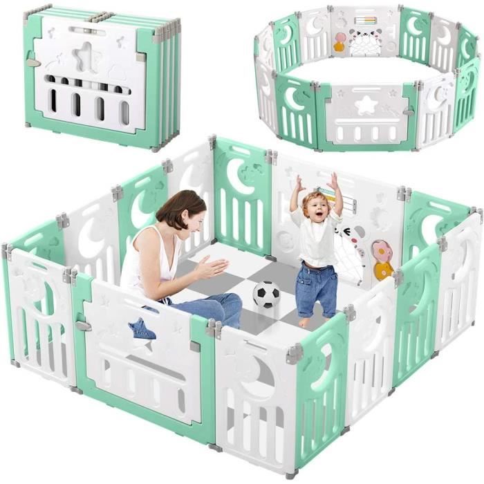 Parc Bébé en Plastique 12 + 2 Panneaux d'Activité et Porte Barrière  Sécurité Enfant Pliable - Vert - Cdiscount Puériculture & Eveil bébé