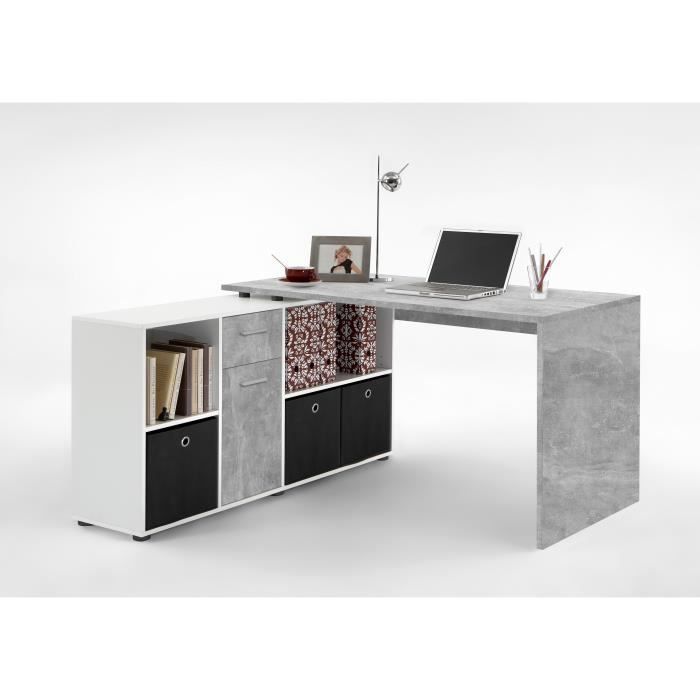 bureau d'angle lex - béton/blanc, composé d'une armoire, d'un tiroir et de 3 étagères, fait en aggloméré.