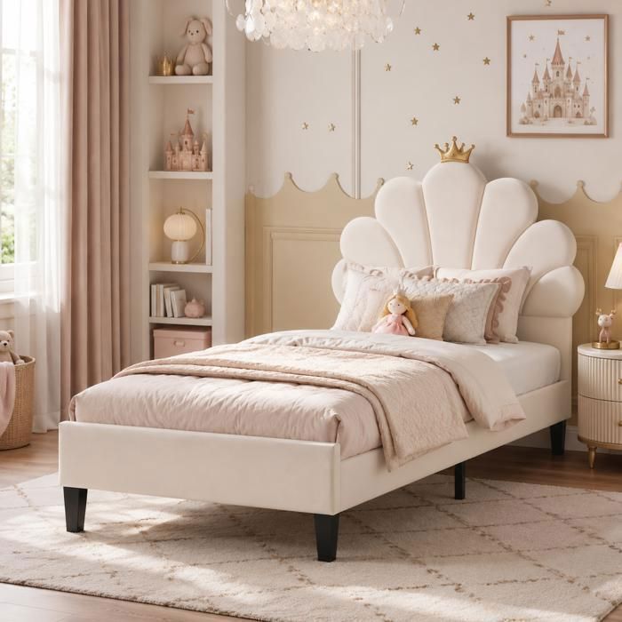 Lit simple capitonné 90x200 cmvelours beigetête de lit pétale réglablesommier à lattespour fille et adolescente