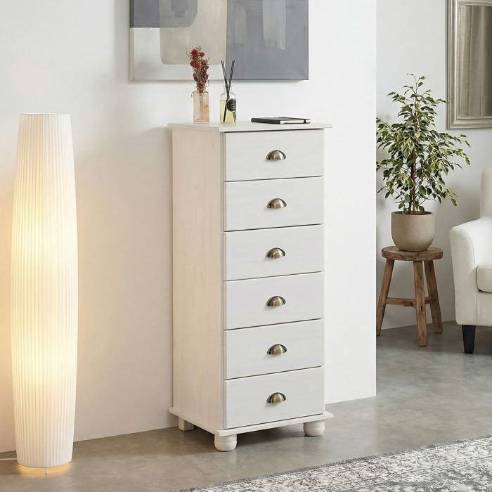 Chiffonnier COLMAR commode apothicaire avec 6 tiroirs de rangement en pin massif lasuré blanc
