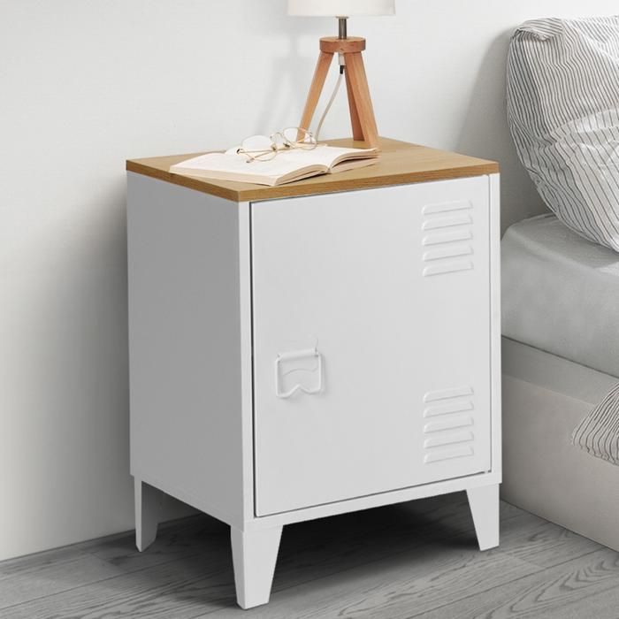 IDMARKET Table de chevet ESTER 1 porte métal blanc plateau façon hêtre design industriel