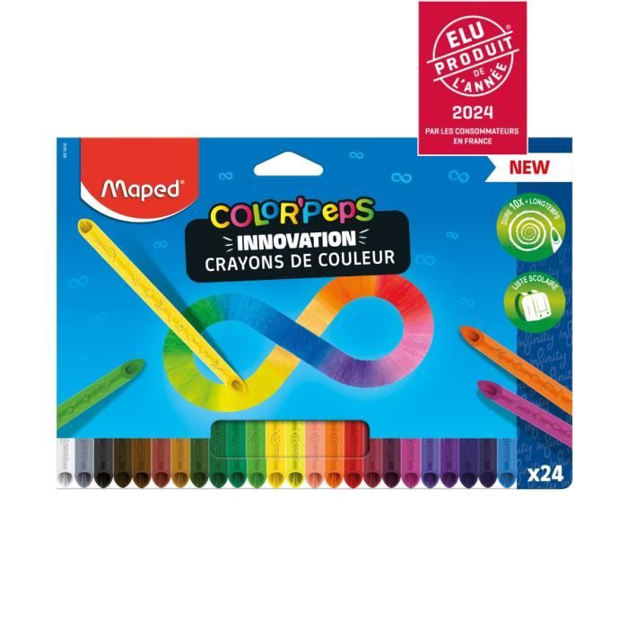 Maped - 24 Crayons de Couleur Color'Peps Infinity - Crayons Innovants 100% Mine, 100% Utilisable - Crayons à dessin Sans Taillage