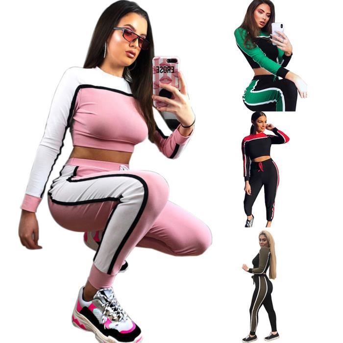 2 Pièces Femme Tenue Sport Bodycon Patchwork Manches Longues