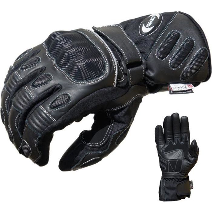 Gants De Moto Hiver Et Pluie - Noir, Paume Cuir Vachette, Membrane Hipora | Imperméables, Respirants, Bandes Réfléchissantes - 9