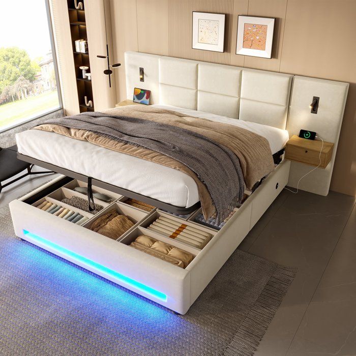 Lit coffre 160x200 velours crème coffre hydraulique bandeau LED RGB lampes lecture USB‑C chevets tiroir