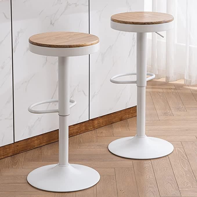 HSTURYZ Tabouret de Bar Bois Massif Métal Chaise de Comptoir Rotation 360° Hauteur Réglable Set de 2 Pièces Blanc Chêne
