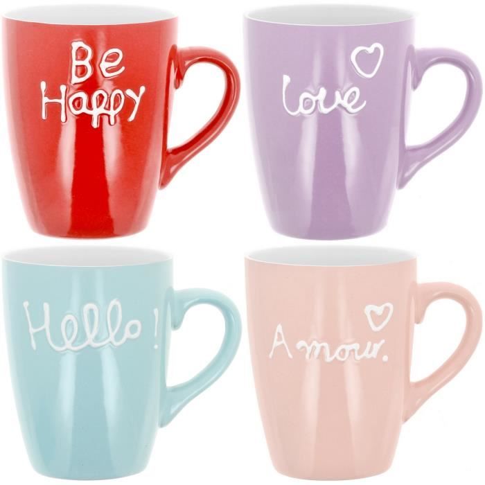 Lot Ensemble 4 Mug Tasse A Café Design Inscription En Relief Be Happy ...