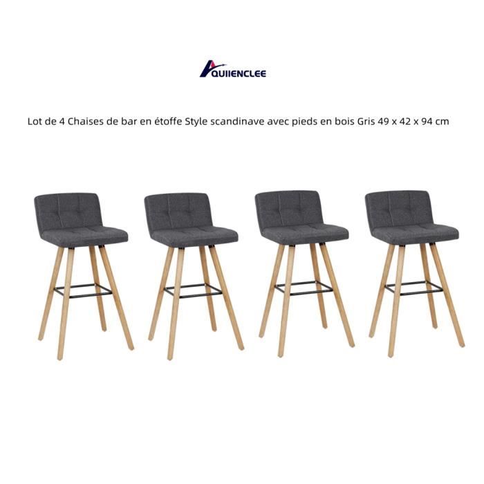 quiienclee lot de 4 chaises de bar en étoffe style scandinave avec pieds en bois gris 49 x 42 x 94 cm