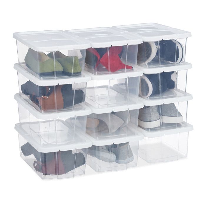 Boîtes à chaussures en plastique en lot de 24 empilable transparents couvercles HxLxP : 12 5 x 20 x 34 5 cm blanc