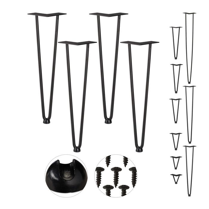Relaxdays Pieds en épingle à cheveux jeu de 4 2 entretoises en métal tabourets table et armoire 45 cm noir