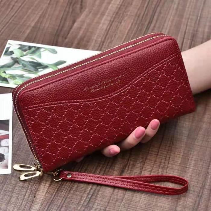 Portefeuille Long Femme En Cuir PU Grande Capacité - 12 Emplacements Cartes + Compartiments - Bleu élégant Avec Motif Feuille - 3