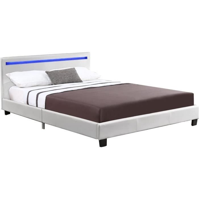 Lit Rembourré Verona 120x200cm Juskys - Sommier Lattes, LED, Matelas Inclus, Similicuir Noir