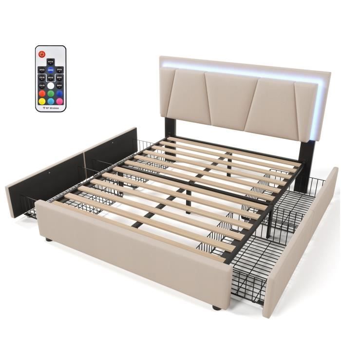 Lit 140 X 200 Cm Avec Port USB, 5 Tiroirs & Niches De Rangement - Bois